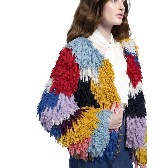 Alice + Olivia Fawn Multicolor Fringe Jacket rainbow yarn crochet size XS - Picture 9 of 12